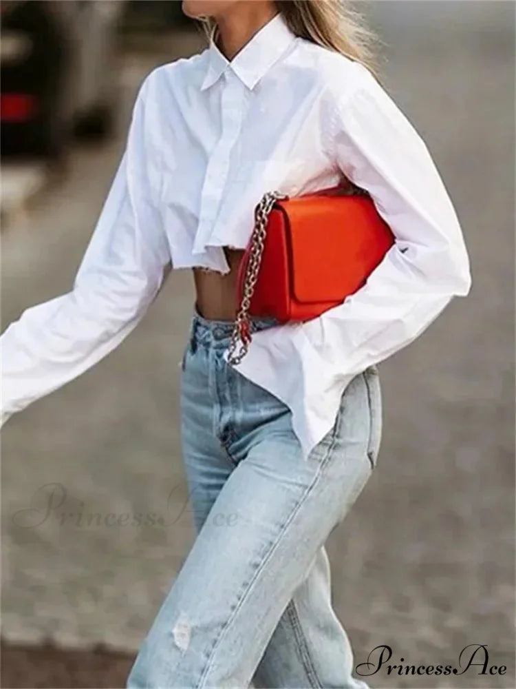 White Extended Sleeve Fold Over Collar Cropped Blouse