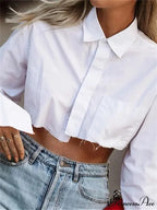 White Extended Sleeve Fold Over Collar Cropped Blouse
