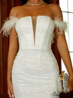 White Feather Off-Shoulder Mini Party Dress