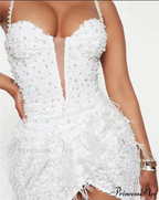 White Feathers Sequins Spaghetti Strap Party Dress