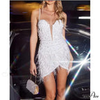 White Feathers Sequins Spaghetti Strap Party Dress