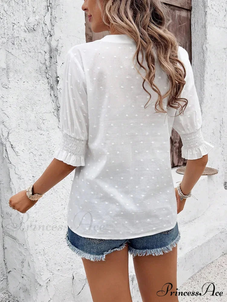 White Floral Embroidery Hollow Out Cotton Boho BlouseModified Title: Ivory Blossom Stitching Cutout Cotton Bohemian Top
