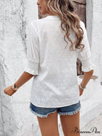 White Floral Embroidery Hollow Out Cotton Boho BlouseModified Title: Ivory Blossom Stitching Cutout Cotton Bohemian Top