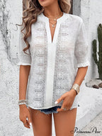 White Floral Embroidery Hollow Out Cotton Boho BlouseModified Title: Ivory Blossom Stitching Cutout Cotton Bohemian Top