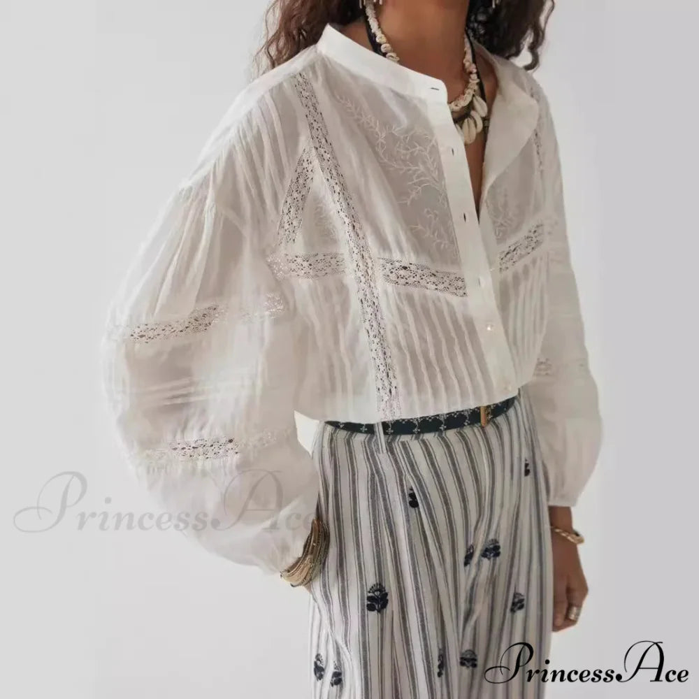 White Floral Embroidery Lace Extended Sleeve Boho Top