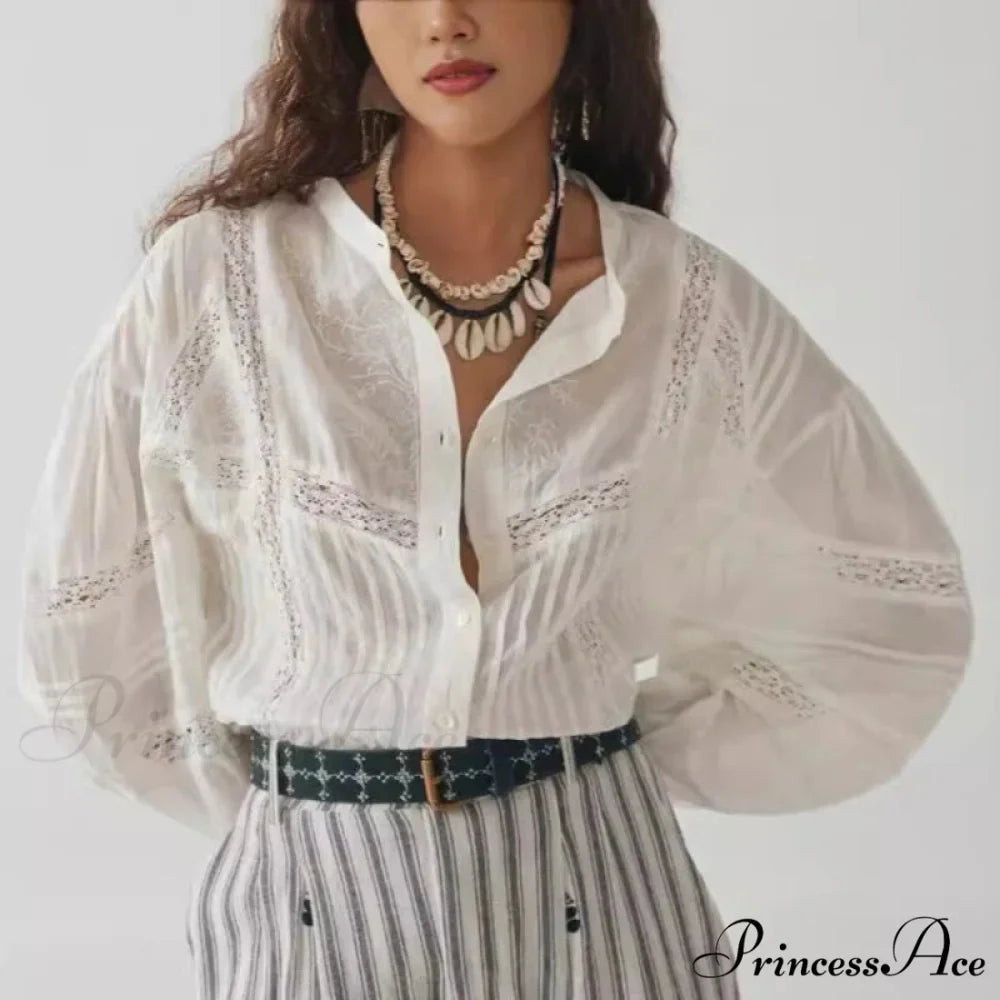 White Floral Embroidery Lace Extended Sleeve Boho Top