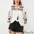 White Floral Stitching Puff Sleeve Baggy Boho Top