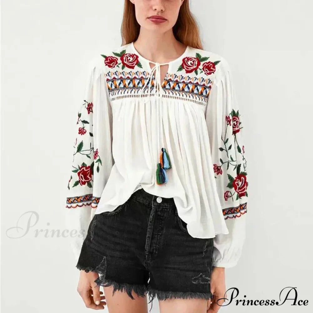 White Floral Stitching Puff Sleeve Baggy Boho Top