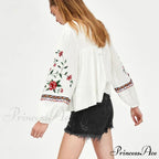 White Floral Stitching Puff Sleeve Baggy Boho Top