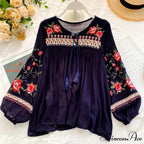 White Floral Stitching Puff Sleeve Baggy Boho Top