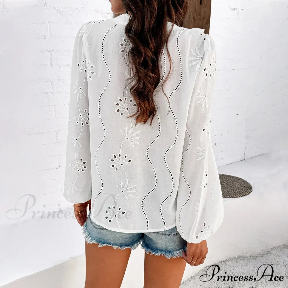 White Floral Stitching Retro Extended Sleeve Boho Top