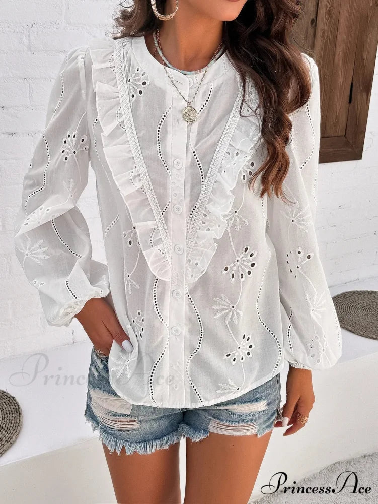 White Floral Stitching Retro Extended Sleeve Boho Top