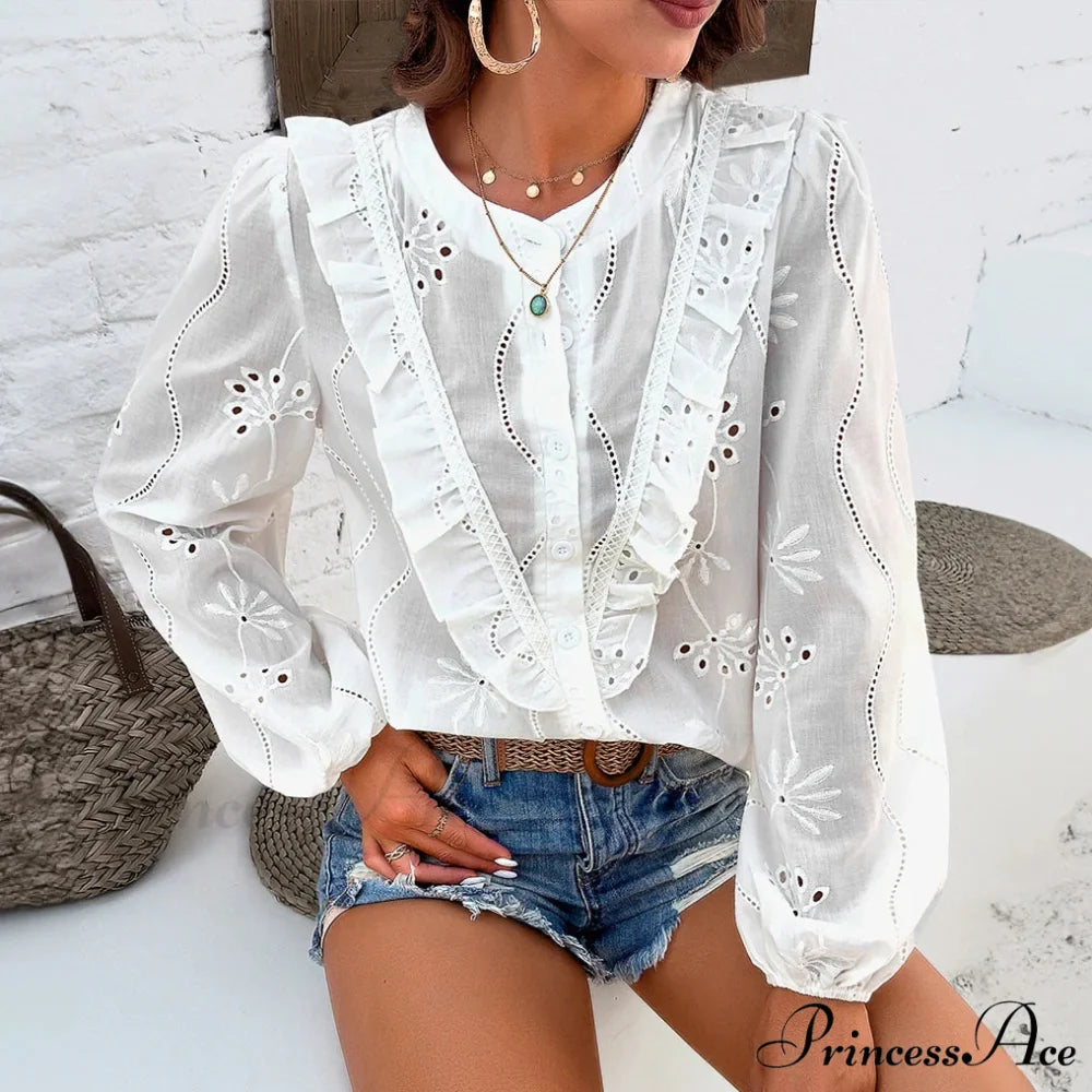 White Floral Stitching Retro Extended Sleeve Boho Top