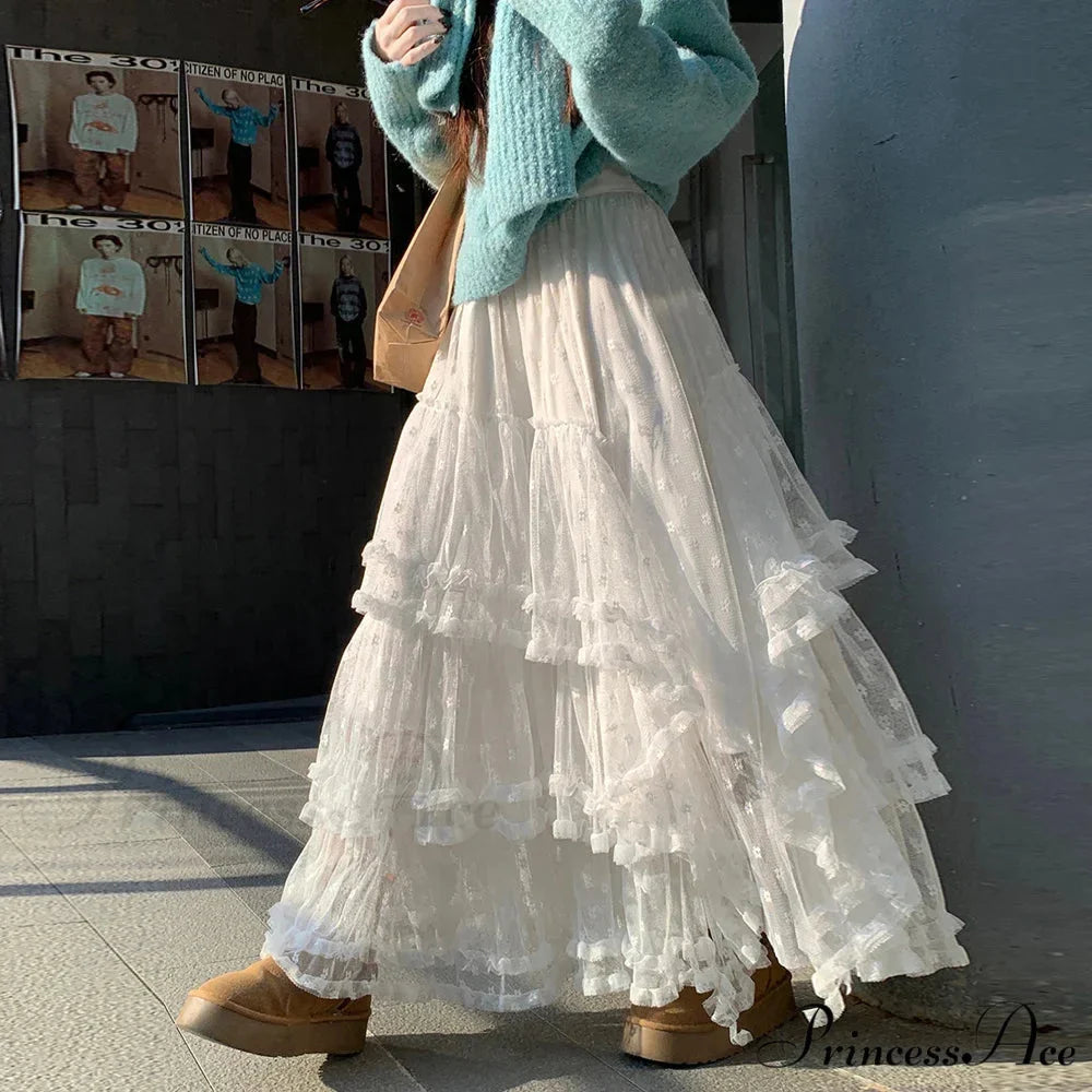 White Flowery Tulle Full-Length Skirt