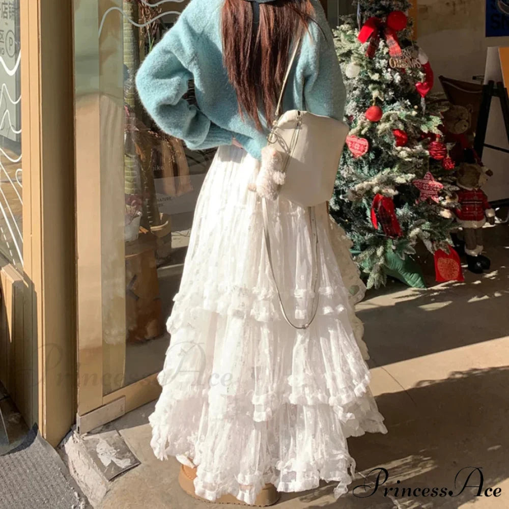 White Flowery Tulle Full-Length Skirt