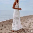 White Hollow Out Lace Strapless Seductive Split Midi Boho Dress