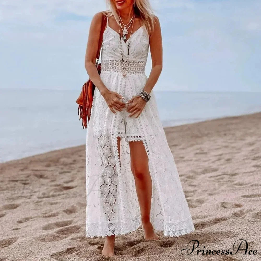 White Hollow Out Lace Strapless Seductive Split Midi Boho Dress