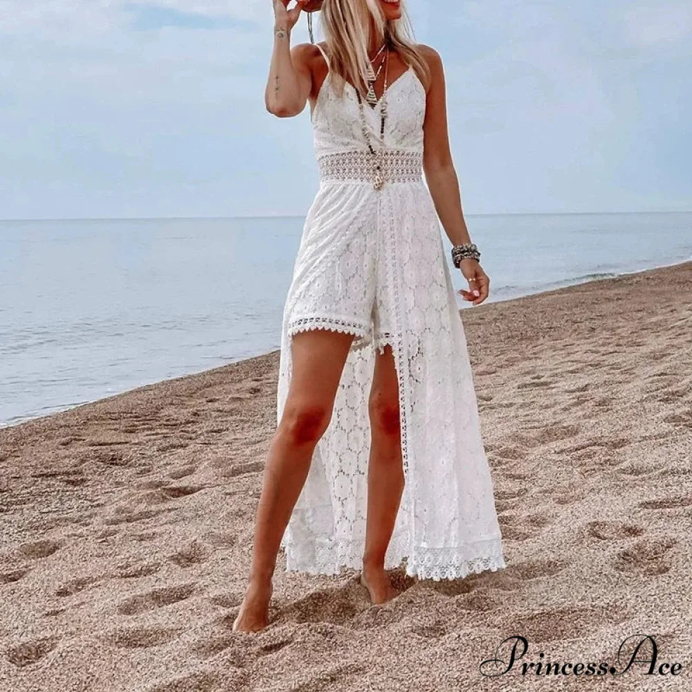 White Hollow Out Lace Strapless Seductive Split Midi Boho Dress