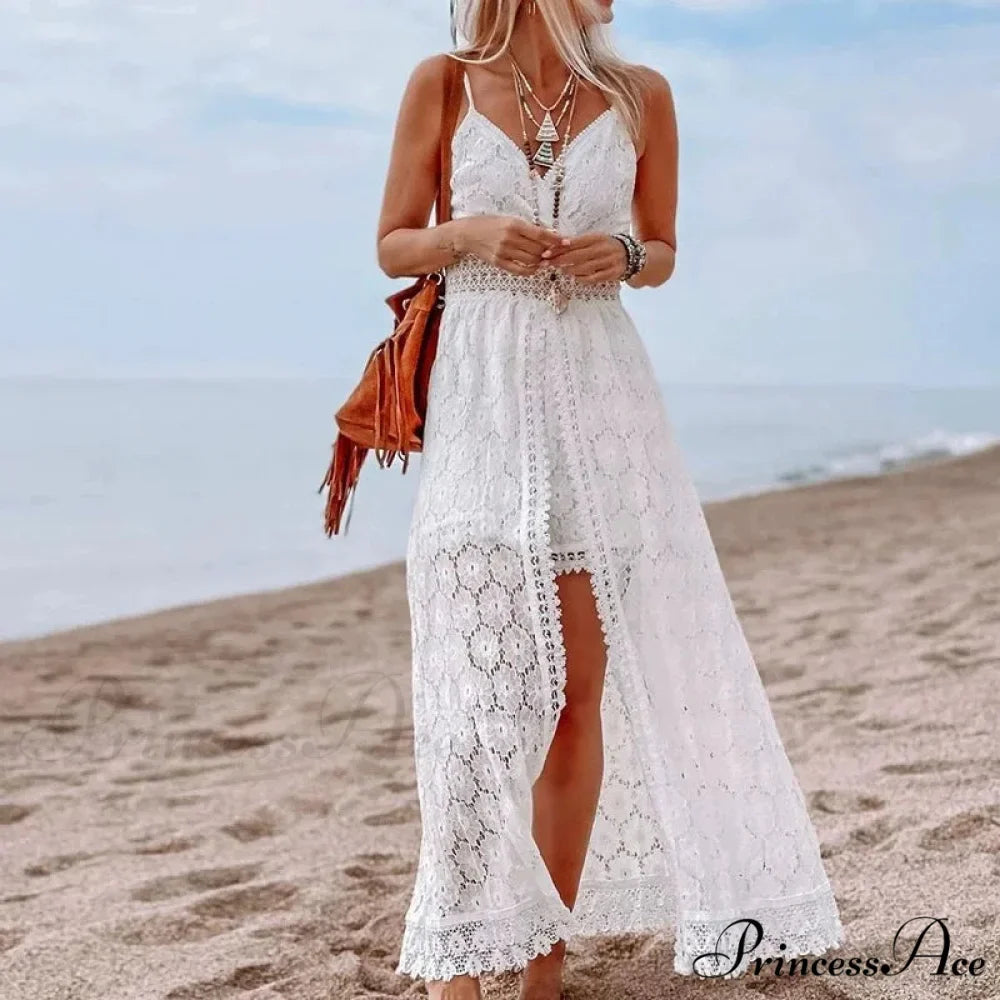 White Hollow Out Lace Strapless Seductive Split Midi Boho Dress