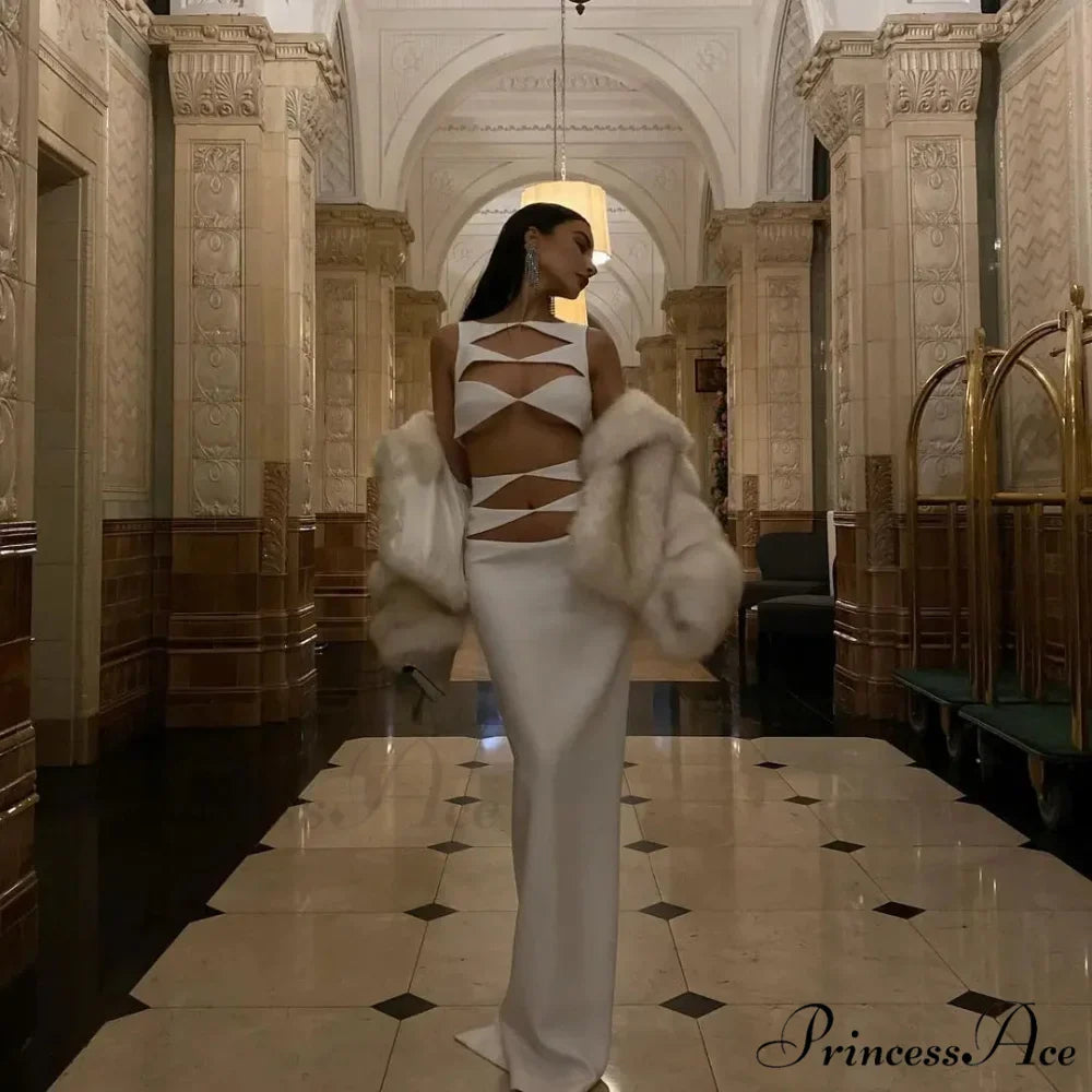 White Hollow Out Sleeveless Party Dress