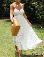 White Hollow Out Strapless Separated Sleeveless Maxi Boho Dress