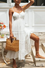 White Hollow Out Strapless Separated Sleeveless Maxi Boho Dress