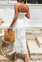 White Hollow Out Strapless Separated Sleeveless Maxi Boho Dress