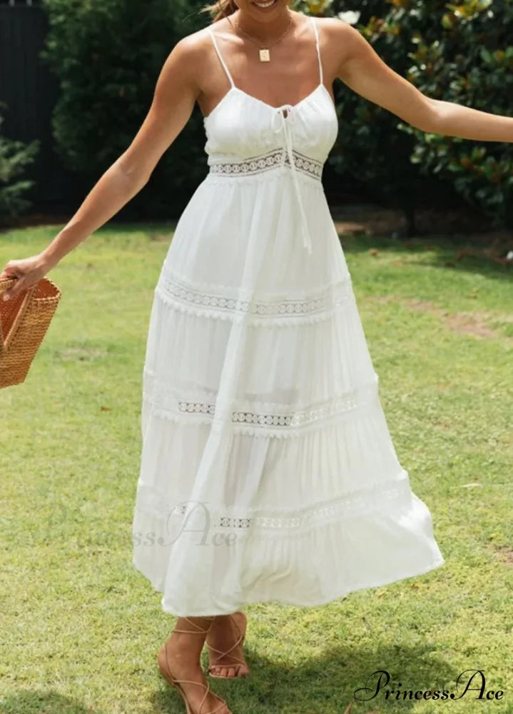 White Hollow Out Strapless Separated Sleeveless Maxi Boho Dress