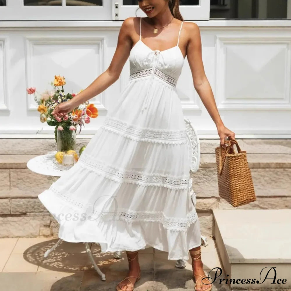 White Hollow Out Strapless Separated Sleeveless Maxi Boho Dress
