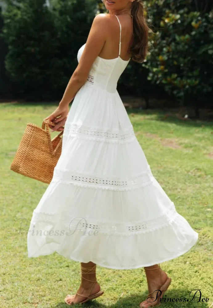 White Hollow Out Strapless Separated Sleeveless Maxi Boho Dress