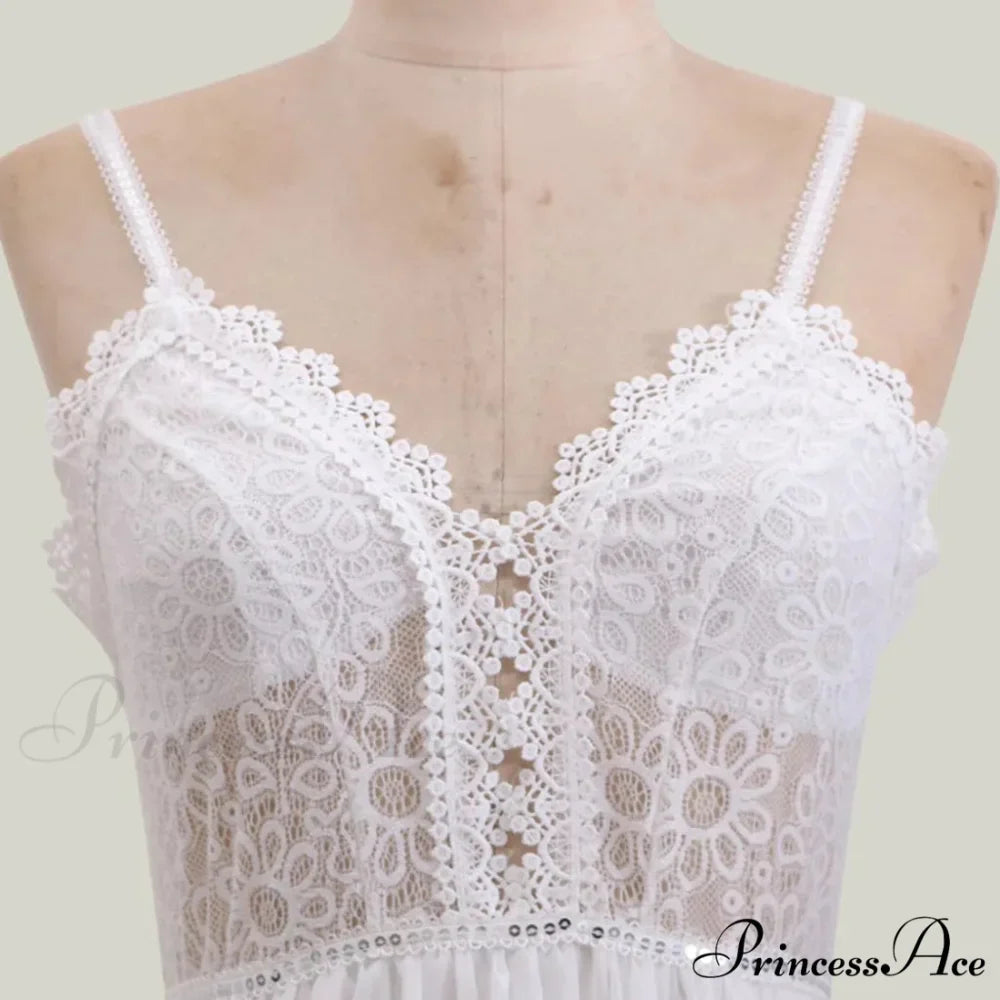 White Lace Maxi V-Neck Slim Sleeveless Boho Dress