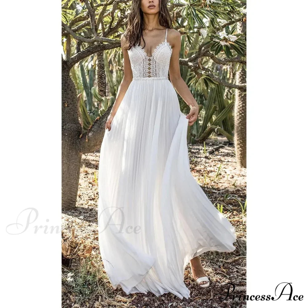 White Lace Maxi V-Neck Slim Sleeveless Boho Dress