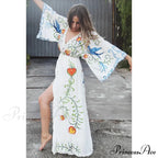 White Long Dress Cotton Floral Stitching Seductive V-neck Beach Dress