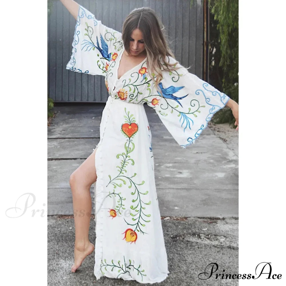 White Long Dress Cotton Floral Stitching Seductive V-neck Beach Dress