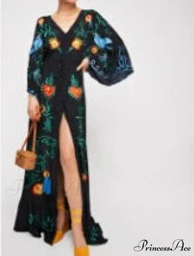 White Long Dress Cotton Floral Stitching Seductive V-neck Beach Dress