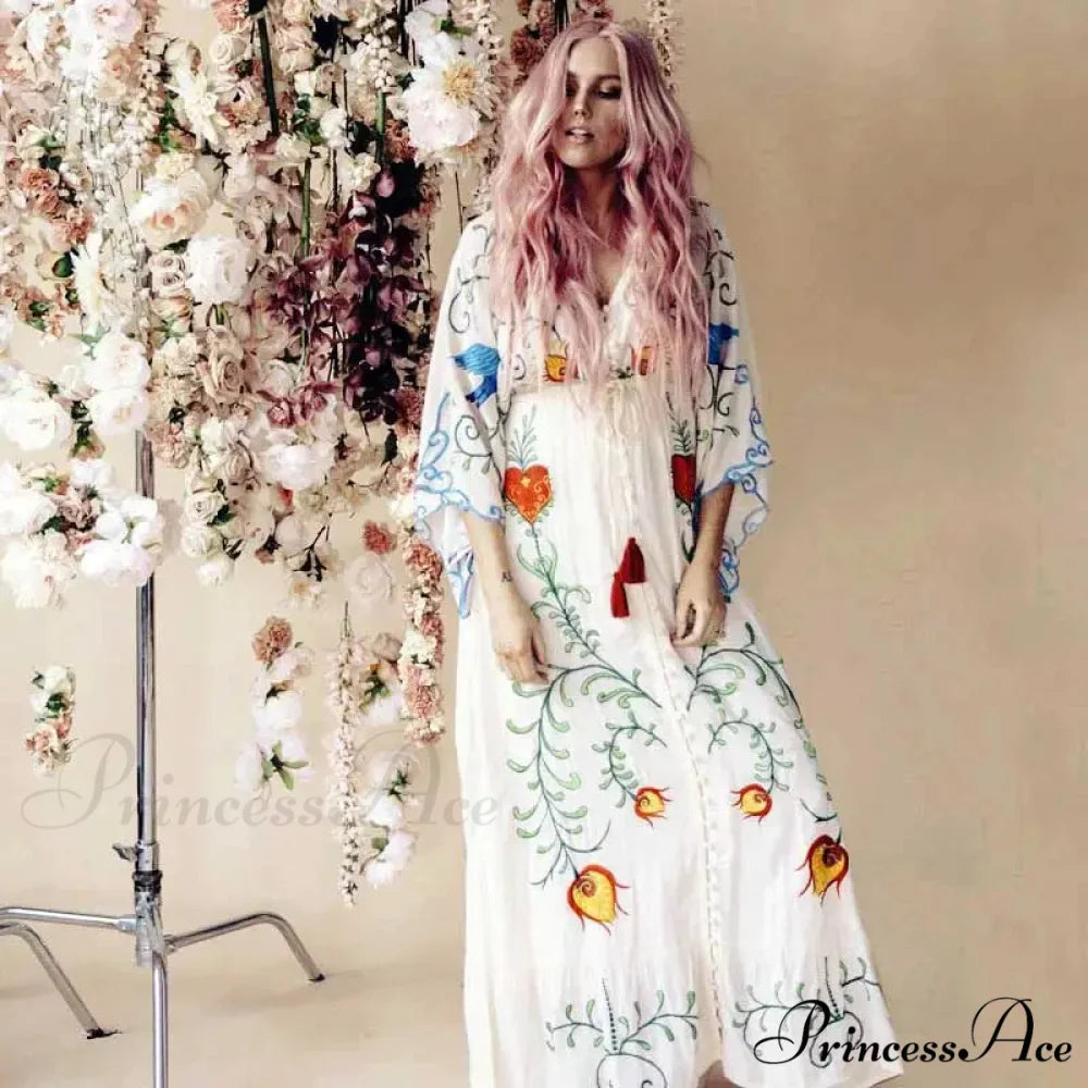 White Long Dress Cotton Floral Stitching Seductive V-neck Beach Dress