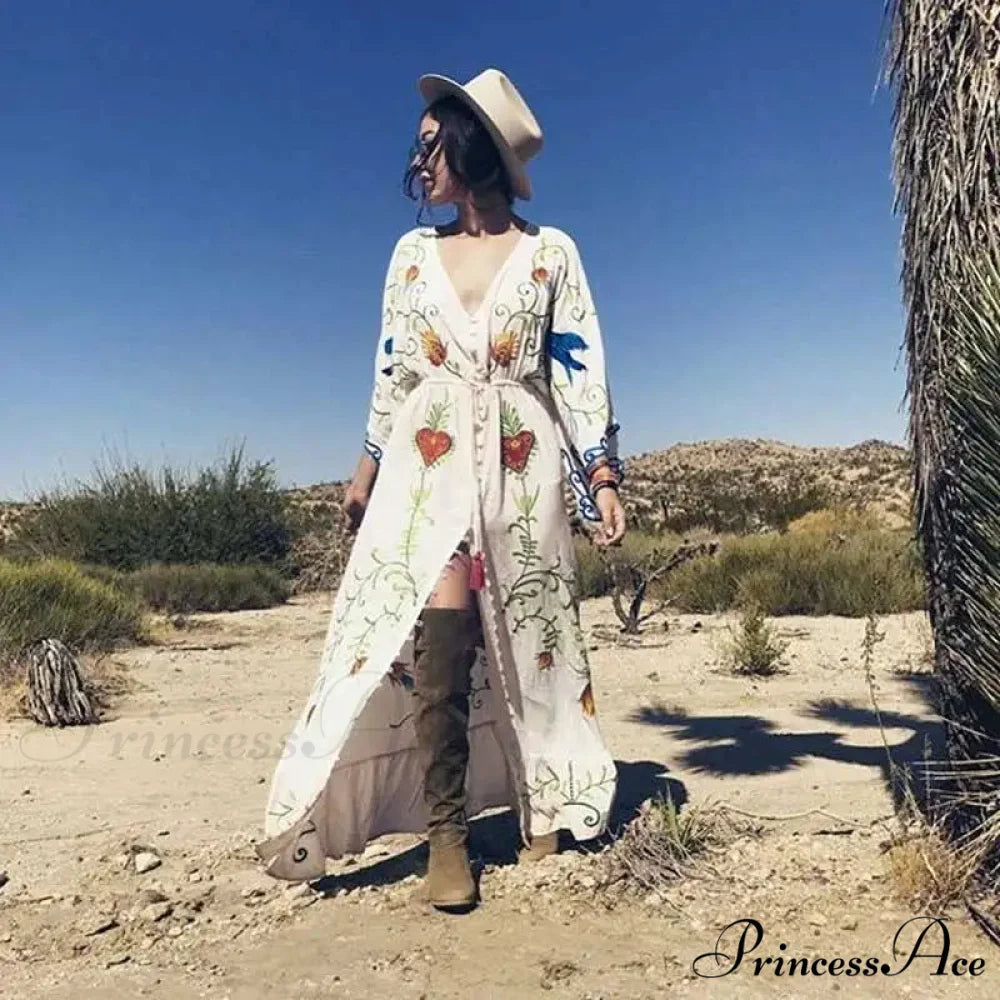 White Long Dress Cotton Floral Stitching Seductive V-neck Beach Dress