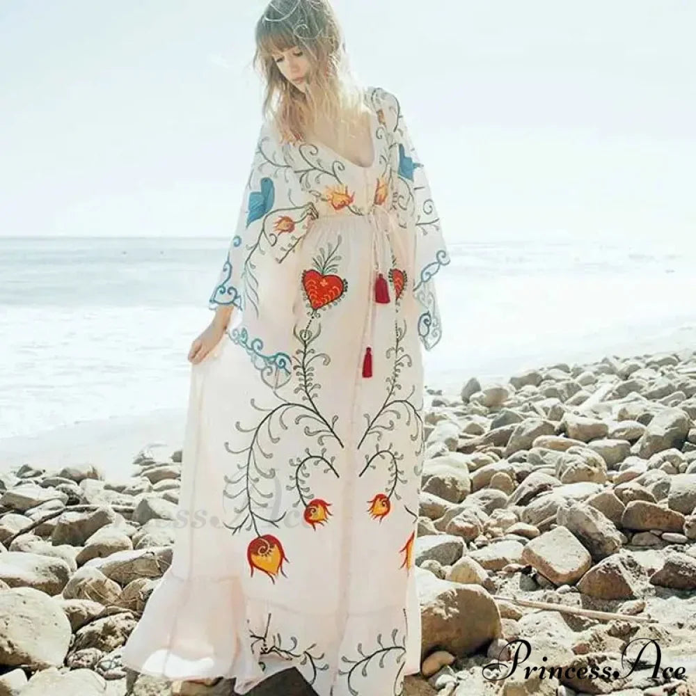 White Long Dress Cotton Floral Stitching Seductive V-neck Beach Dress