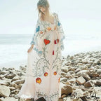 White Long Dress Cotton Floral Stitching Seductive V-neck Beach Dress