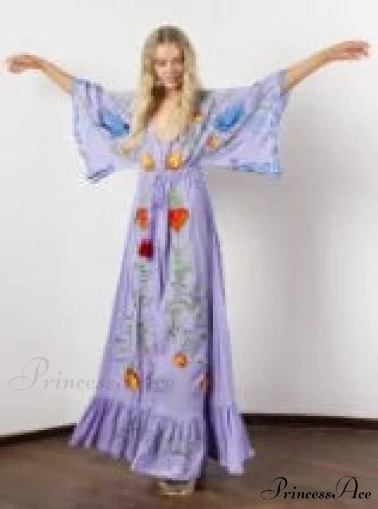 White Long Dress Cotton Floral Stitching Seductive V-neck Beach Dress