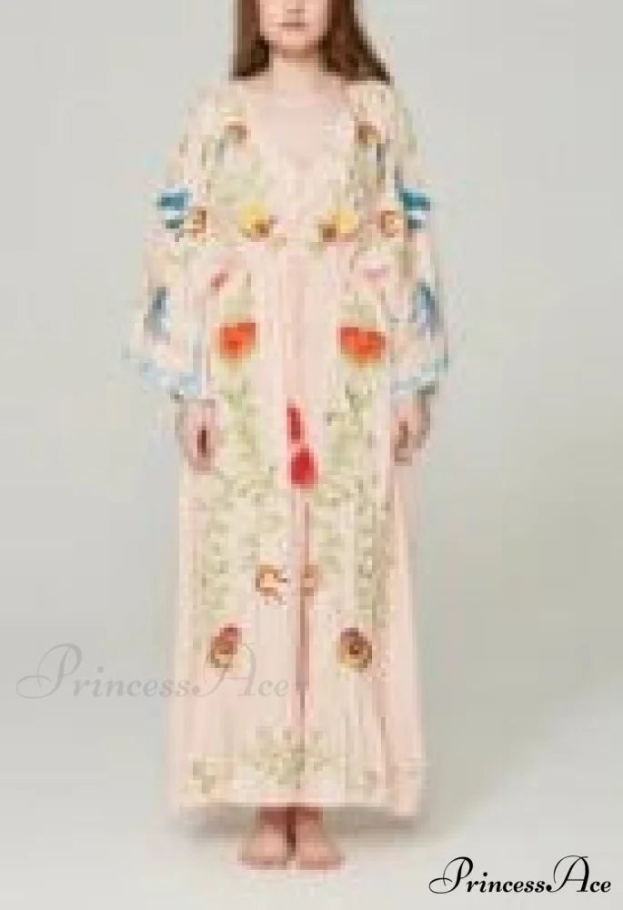 White Long Dress Cotton Floral Stitching Seductive V-neck Beach Dress