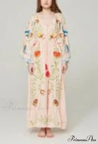 White Long Dress Cotton Floral Stitching Seductive V-neck Beach Dress
