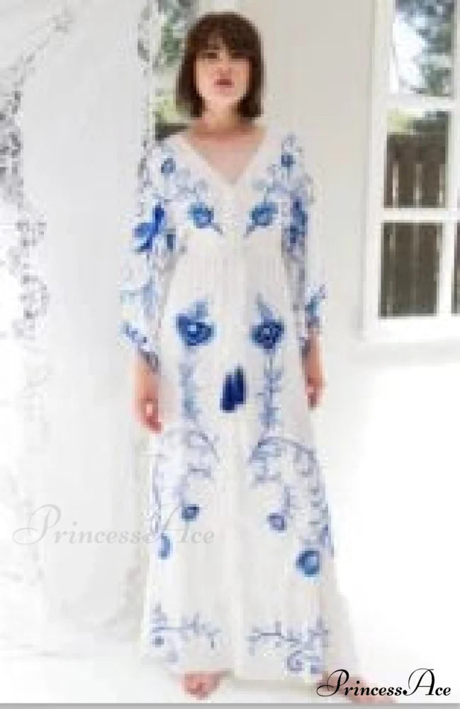 White Long Dress Cotton Floral Stitching Seductive V-neck Beach Dress