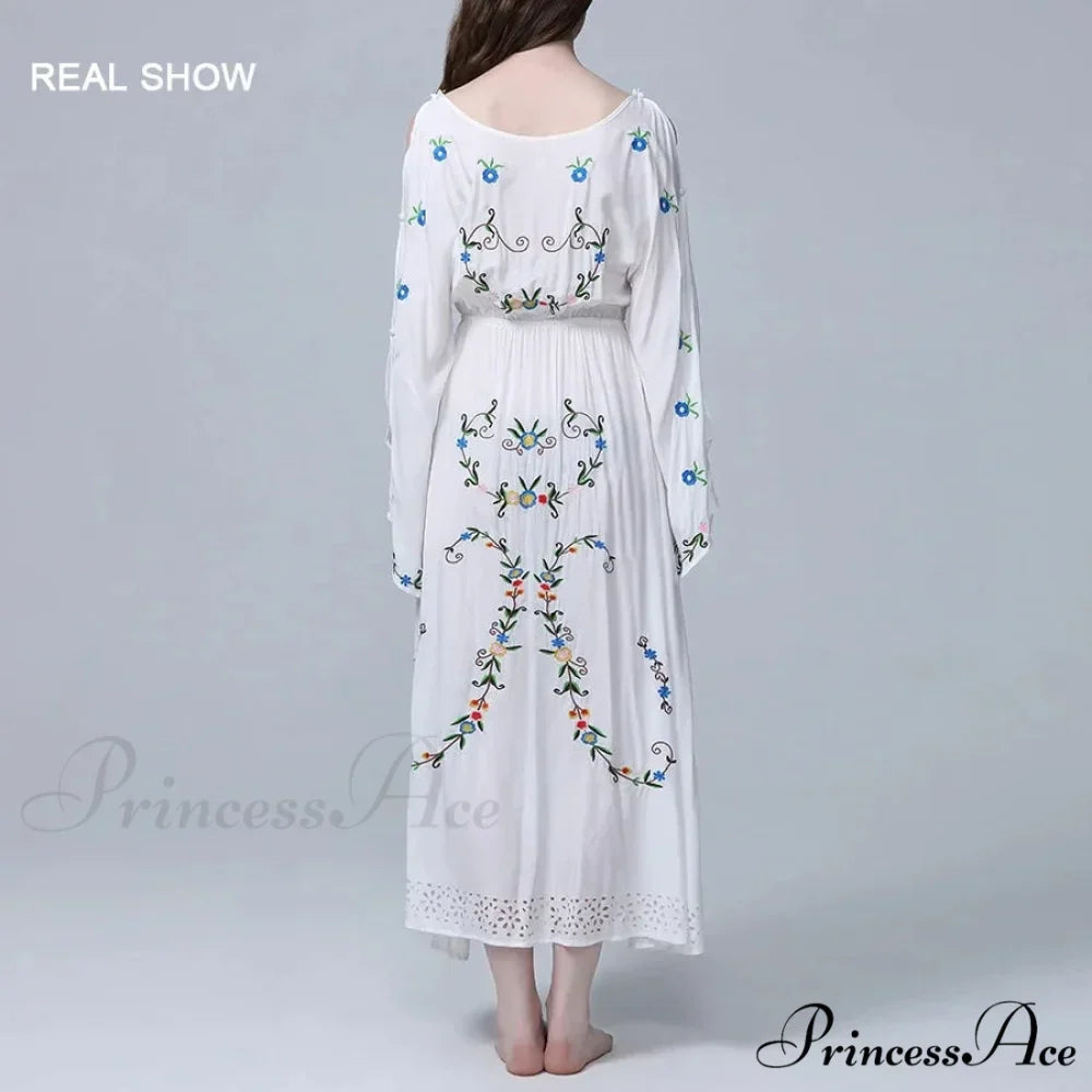 White Long Dress Deep Plunge-neck Floral Stitching Cotton Rayon Summer Dress