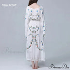 White Long Dress Deep Plunge-neck Floral Stitching Cotton Rayon Summer Dress