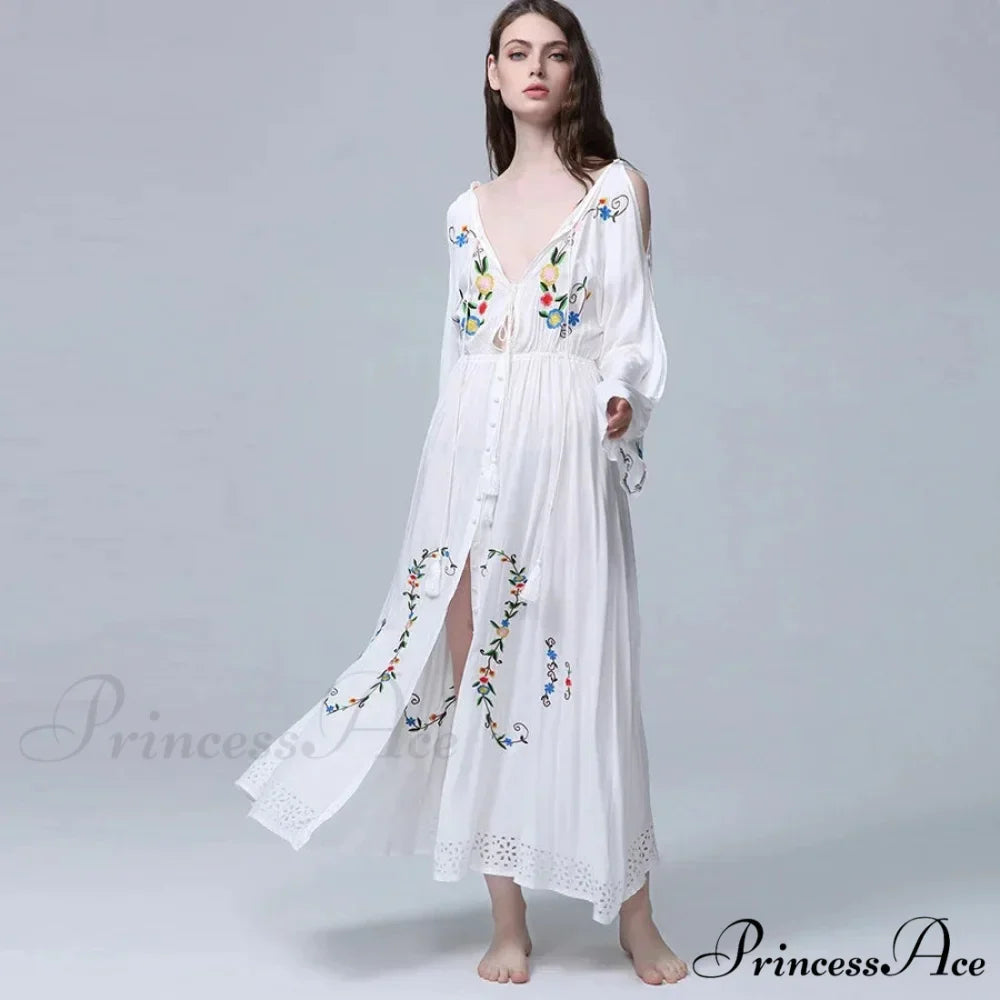 White Long Dress Deep Plunge-neck Floral Stitching Cotton Rayon Summer Dress