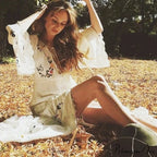 White Long Dress Deep Plunge-neck Floral Stitching Cotton Rayon Summer Dress