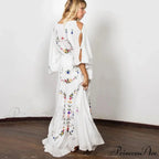 White Long Dress Deep Plunge-neck Floral Stitching Cotton Rayon Summer Dress