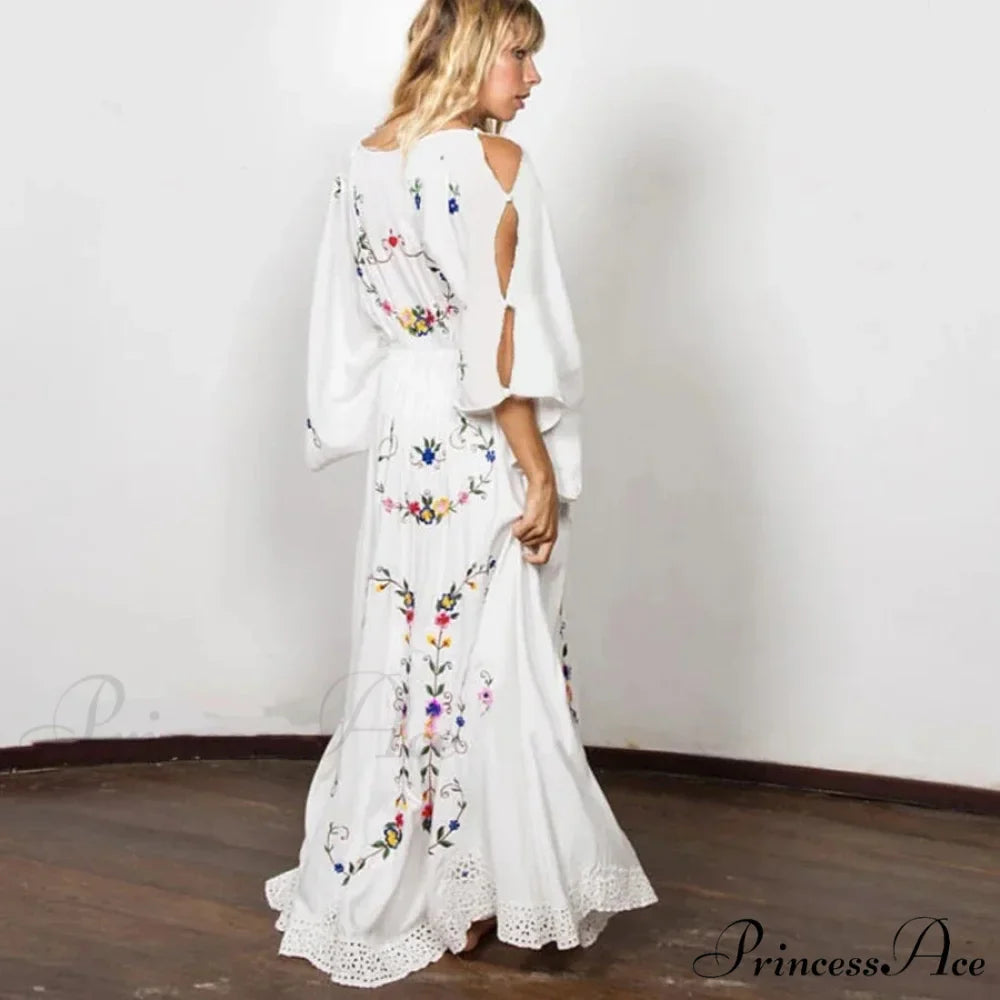 White Long Dress Deep Plunge-neck Floral Stitching Cotton Rayon Summer Dress