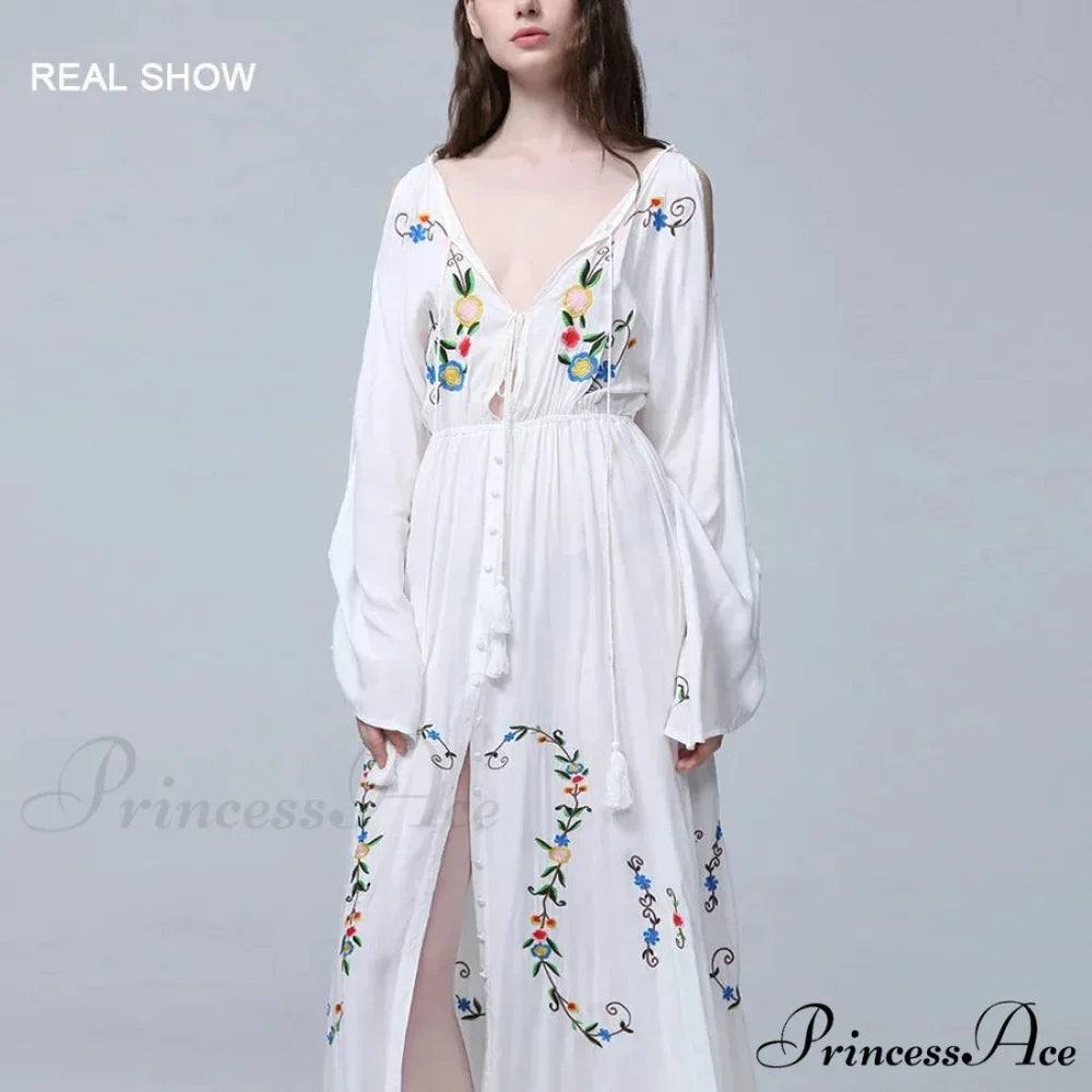 White Long Dress Deep Plunge-neck Floral Stitching Cotton Rayon Summer Dress